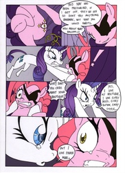 Size: 1000x1377 | Tagged: safe, artist:mohawkrex, artist:whysoseriouss, pinkie pie, rarity, earth pony, pony, unicorn, comic:a piece of pie, g4, comic, duo, eyepatch, female, golden pie, goldeneye, mare