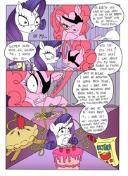 Size: 1000x1377 | Tagged: safe, artist:mohawkrex, artist:whysoseriouss, pinkie pie, rarity, earth pony, pony, unicorn, comic:a piece of pie, g4, cake, colored, comic, custard, duo, eyepatch, female, food, golden pie, goldeneye, mare