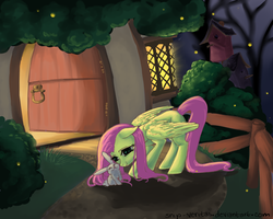 Size: 1000x800 | Tagged: safe, artist:snip-veritas, fluttershy, pegasus, pony, rabbit, g4, door, female, floppy ears, fluttershy's cottage, mare, night, nuzzling