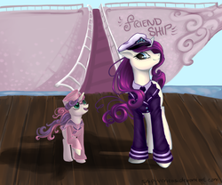 Size: 1200x1000 | Tagged: safe, artist:snip-veritas, rarity, sweetie belle, pegasus, pony, g4, clothes, duo, female, filly, hat, mare, pier, ship, uniform