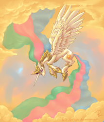 Size: 860x1004 | Tagged: safe, artist:snip-veritas, princess celestia, alicorn, pony, g4, armor, cloud, cloudy, female, flying, mare, solo