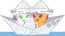 Size: 6080x3400 | Tagged: safe, artist:beavernator, scootaloo, sweetie belle, pegasus, pony, unicorn, g4, ponyville confidential, season 2, baby, baby belle, baby pony, baby scootaloo, cute, duo, female, foal, hat, paper boat, paper hat, scene interpretation, simple background, white background