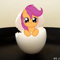 Size: 2000x2000 | Tagged: safe, artist:mr-1, scootaloo, chicken, pegasus, pony, g4, cute, cutealoo, egg, female, filly, hatching, high res, irl, looking at you, photo, ponies in real life, scootachicken, scootadoption, solo