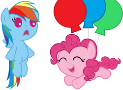 Size: 5000x3680 | Tagged: safe, artist:beavernator, pinkie pie, rainbow dash, earth pony, pegasus, pony, g4, ^^, baby, baby dash, baby pie, baby pony, balloon, cute, dashabetes, diapinkes, duo, eyes closed, female, filly, flying, foal, simple background, then watch her balloons lift her up to the sky, white background