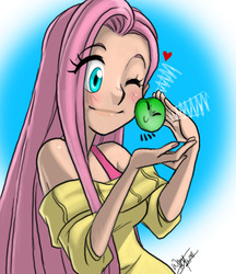 Size: 722x835 | Tagged: safe, artist:aeolus06, fluttershy, human, parasprite, g4, bare shoulders, female, gradient background, heart, humanized, nuzzling, one eye closed