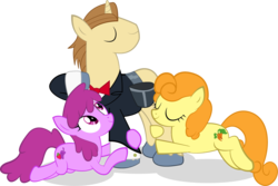 Size: 1504x1004 | Tagged: safe, artist:miroslav46, berry punch, berryshine, carrot top, con mane, donut joe, golden harvest, earth pony, pony, unicorn, g4, clothes, eyes closed, female, male, mare, simple background, stallion, transparent background