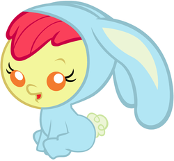 Size: 2800x2600 | Tagged: safe, artist:beavernator, apple bloom, earth pony, pony, g4, baby, baby apple bloom, baby pony, bunny bloom, bunny costume, clothes, female, foal, high res, simple background, sitting, solo, white background, younger