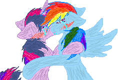 Size: 236x161 | Tagged: dead source, safe, artist:tsukaimonboom, rainbow dash, twilight sparkle, pegasus, pony, unicorn, g4, crying, duo, female, floppy ears, kiss on the lips, kissing, lesbian, mare, picture for breezies, ship:twidash, shipping, simple background, unicorn twilight, white background