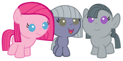 Size: 4800x2400 | Tagged: safe, artist:beavernator, edit, limestone pie, marble pie, pinkie pie, earth pony, pony, alternate design, baby, baby pie, baby pony, cute, diapinkes, female, filly, foal, limabetes, looking at you, marblebetes, open mouth, pie sisters, pinkamena diane pie, siblings, simple background, smiling, speculation, weapons-grade cute, white background