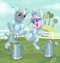 Size: 622x650 | Tagged: safe, artist:atryl, diamond tiara, silver spoon, earth pony, pony, g4, bunny costume, clothes, cute, diamondbetes, duo, female, fence, filly, glasses, grin, jumping, open mouth, smiling, watering can