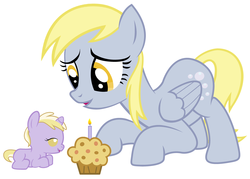 Size: 4200x3000 | Tagged: safe, artist:beavernator, derpy hooves, dinky hooves, pegasus, pony, unicorn, g4, baby, baby dinky hooves, baby pony, candle, equestria's best mother, female, foal, mare, muffin, prone, simple background, white background