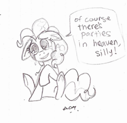 Size: 400x387 | Tagged: artist needed, safe, pinkie pie, earth pony, pony, g4, crying, dialogue, female, floppy ears, grayscale, mare, monochrome, raised hoof, sad, simple background, sitting, smiling, solo, underhoof, white background