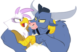 Size: 660x446 | Tagged: safe, artist:php27, gilda, iron will, griffon, minotaur, g4, duo, eye contact, female, fist bump, hug, looking at each other, male, simple background, white background