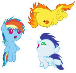 Size: 4200x4000 | Tagged: safe, artist:beavernator, rainbow dash, soarin', spitfire, pegasus, pony, g4, absurd resolution, baby, baby dash, baby pony, colt, cute, cutefire, dashabetes, female, filly, flying, foal, male, open mouth, open smile, show accurate, simple background, smiling, soarinbetes, spread wings, white background, wings, younger