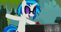 Size: 320x168 | Tagged: safe, artist:nomorethan9, discord, dj pon-3, vinyl scratch, draconequus, pony, unicorn, epic wub time, g4, animated, bass cannon, button, cutie mark, everfree forest, female, forest, gif, hilarious in hindsight, male, mare, youtube link