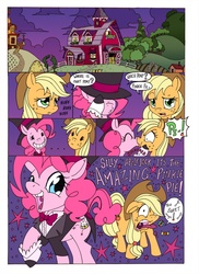 Size: 1000x1377 | Tagged: safe, artist:mohawkrex, artist:whysoseriouss, applejack, pinkie pie, earth pony, pony, comic:a piece of pie, g4, ..., barn, candy, clothes, colored, comic, coughing, duo, eyes closed, female, food, grin, hat, huff, interrupted, kiss on the lips, kissing, lesbian, mare, open mouth, open smile, ship:applepie, shipping, smiling, smooch, stars, surprise kiss, sweet apple acres, the amazing pinkie pie, tongue out, top hat, tuxedo