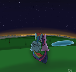 Size: 1580x1500 | Tagged: safe, artist:colinmlp, rainbow dash, twilight sparkle, pegasus, pony, unicorn, g4, female, leaning, lesbian, love, mare, ship:twidash, shipping, sitting, sunset