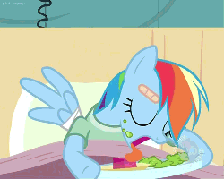 Size: 500x400 | Tagged: safe, screencap, rainbow dash, pegasus, pony, g4, read it and weep, season 2, all new, animated, bed, eating, female, food, gif, hospital, hub logo, jello, logo, mare, messy eating, solo, text, the hub