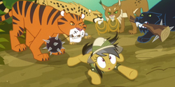 Size: 865x431 | Tagged: safe, screencap, daring do, big cat, cat, cheetah, lynx, panther, pegasus, pony, tiger, g4, read it and weep, :o, ahuizotl's cats, animal, club (weapon), female, flail, lasso, mare, morning star, mouth hold, prone, rope, spiked club, too many cats, weapon, wide eyes