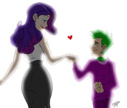 Size: 1119x952 | Tagged: safe, artist:aeolus06, rarity, spike, human, g4, curvy, cute, ear piercing, earring, eye contact, female, heart, holding hands, hourglass figure, human spike, humanized, jewelry, lipstick, looking at each other, male, piercing, ship:sparity, shipping, simple background, straight, white background