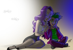 Size: 1085x749 | Tagged: safe, artist:aeolus06, rarity, spike, human, g4, clothes, cute, female, gradient background, humanized, lipstick, male, nail polish, pantyhose, ship:sparity, shipping, sitting, spikelove, straight