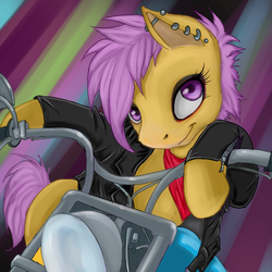 Size: 700x700 | Tagged: safe, artist:shad-o-ren, scootaloo, pony, semi-anthro, g4, abstract background, clothes, female, goth, jacket, motorcycle, piercing, solo