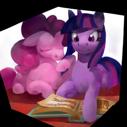 Size: 700x700 | Tagged: safe, artist:cabyowl, pinkie pie, twilight sparkle, earth pony, pony, unicorn, g4, book, explicit source, eyes closed, female, floppy ears, lesbian, mare, prone, reading, ship:twinkie, shipping