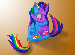 Size: 1024x745 | Tagged: safe, artist:furor1, rainbow dash, twilight sparkle, pegasus, pony, unicorn, g4, crying, duo, female, gradient background, kissing, lesbian, mare, ship:twidash, shipping, sitting, unicorn twilight