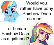 Size: 192x160 | Tagged: safe, artist:megasweet, rainbow dash, human, pegasus, pony, g4, bronybait, female, gif, girlfriend, humanized, mare, meta, non-animated gif, pet, picture for breezies, would you rather