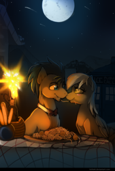 Size: 890x1314 | Tagged: dead source, safe, artist:si1vr, derpy hooves, doctor whooves, time turner, bird, earth pony, pegasus, pony, g4, blushing, candle, doctor who, duo, female, food, lady and the tramp, male, mare, moon, night, pasta, ship:doctorderpy, shipping, shooting star, spaghetti, spaghetti scene, stallion, straight, tardis, the doctor