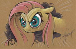 Size: 900x584 | Tagged: safe, artist:andy price, fluttershy, pegasus, pony, g4, female, floppy ears, mare, solo, stare, the stare, traditional art
