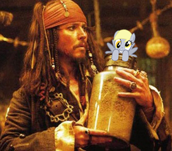 Size: 397x350 | Tagged: artist needed, safe, derpy hooves, human, pegasus, pony, g4, derp, female, jack sparrow, jar, jar of dirt, jar of pony, male, mare, pirates of the caribbean, pony in a bottle, pun, visual pun