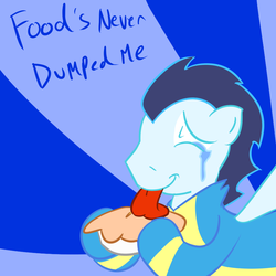 Size: 771x770 | Tagged: safe, artist:autonomous-zed, soarin', pegasus, pony, g4, abstract background, crying, licking, male, pie, solo, stallion, that pony sure does love pies