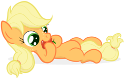 Size: 3895x2473 | Tagged: safe, artist:manateemckenzie, applejack, earth pony, pony, g4, apple, eating, female, filly, foal, freckles, herbivore, high res, obligatory apple, on back, simple background, solo, that pony sure does love apples, transparent background