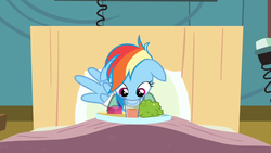Size: 1600x900 | Tagged: safe, screencap, rainbow dash, pegasus, pony, g4, read it and weep, bed, cute, dashabetes, drinking, eating, female, floppy ears, foomp, glass, herbivore, horse problems, hospital, mare, solo