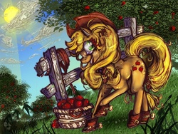Size: 900x675 | Tagged: dead source, safe, artist:corrsollarobot, applejack, earth pony, pony, g4, apple, basket, boots, female, fence, grass, mare, off model, orchard, solo, spurs, sun, tree