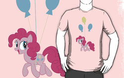 Size: 556x350 | Tagged: safe, artist:animayhem, pinkie pie, earth pony, pony, g4, animayhem, balloon, clothes, female, mare, redbubble, shirt, then watch her balloons lift her up to the sky
