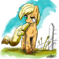 Size: 900x900 | Tagged: safe, artist:johnjoseco, applejack, earth pony, pony, g4, bandaid, dirty, female, fence, mare, mud, one eye closed, smiling, solo