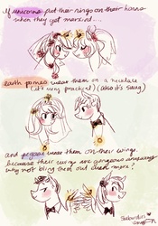 Size: 630x900 | Tagged: source needed, safe, artist:emmy, oc, oc only, earth pony, pegasus, pony, unicorn, blushing, caption, female, gay, headcanon, lesbian, looking at each other, male, mare, marriage, shipping, sketch, stallion, straight, wedding, wedding ring