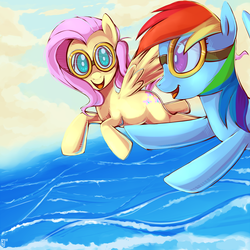 Size: 1500x1500 | Tagged: dead source, safe, artist:si1vr, fluttershy, rainbow dash, pegasus, pony, g4, duo, female, flying, goggles, mare, swimming goggles, water