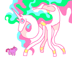Size: 711x611 | Tagged: safe, artist:seniorpony, princess celestia, twilight sparkle, alicorn, pony, unicorn, g4, body horror, duo, duo female, eldritch abomination, female, flowing mane, flowing tail, long neck, mare, ms paint, necc, no nose, noodlestia, simple background, size difference, smiley face, tail, tallestia, unicorn twilight, wat, white background