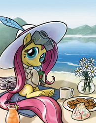 Size: 656x843 | Tagged: safe, artist:giantmosquito, fluttershy, pegasus, pony, g4, beach, cookie, crossover, dr adorable, female, flower, goggles, hat, juice box, mare, sitting, solo, sun hat, water