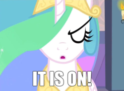 Size: 655x480 | Tagged: safe, edit, edited screencap, screencap, princess celestia, alicorn, pony, g4, eyes closed, female, image macro, it is on, mare, solo