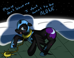Size: 1350x1050 | Tagged: dead source, safe, artist:kloudmutt, nightmare moon, princess luna, alicorn, pony, g4, abuse, banishment, broken horn, chains, crying, female, floppy ears, horn, leash, lunabuse, mare, moon, moonabuse, prone, solo