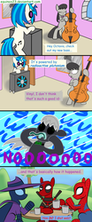 Size: 675x1620 | Tagged: safe, artist:equinox23, dj pon-3, mare do well, octavia melody, vinyl scratch, earth pony, pony, unicorn, g4, bass cannon, cello, comic, crossover, deadpool, female, how do i shot web, male, mare, musical instrument, spider-man