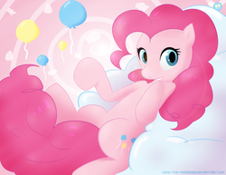 Size: 900x695 | Tagged: safe, artist:coco-the-personer, pinkie pie, earth pony, pony, g4, abstract background, balloon, cloud, cute, female, grin, hooves, looking at you, lying on a cloud, mare, on a cloud, on back, smiling, solo