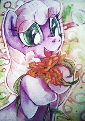 Size: 705x1000 | Tagged: safe, artist:buttercupsaiyan, cheerilee, earth pony, pony, g4, abstract background, female, flower, happy, mare, rearing, solo, traditional art