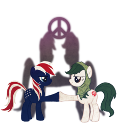Size: 700x728 | Tagged: safe, artist:cosmicunicorn, earth pony, pony, duo, eye contact, female, hoofbump, iran, looking at each other, mare, nation ponies, peace, ponified, simple background, transparent background, united states