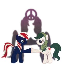 Size: 700x728 | Tagged: dead source, safe, artist:cosmicunicorn, earth pony, pony, g4, duo, duo female, eye contact, female, hoofbump, iran, looking at each other, looking at someone, mare, nation ponies, peace, ponified, simple background, smiling, smiling at each other, smirk, transparent background, united states