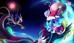 Size: 2070x1200 | Tagged: safe, artist:bakki, discord, princess luna, alicorn, draconequus, pony, g4, christmas, cute, duo, female, filly, flying, hat, holiday, male, mare, santa claus, santa hat, santa woona, sleigh, woona
